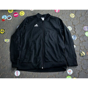 Adidas Black Trach Jacket Sz M 11/12 Years Full Zip Black Stripes Zipper Pockets